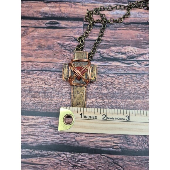 Handmade Copper Wire Wrapped Cross Necklace Red Gemstone Signed 26" Toggle Clasp - Picture 7 of 8